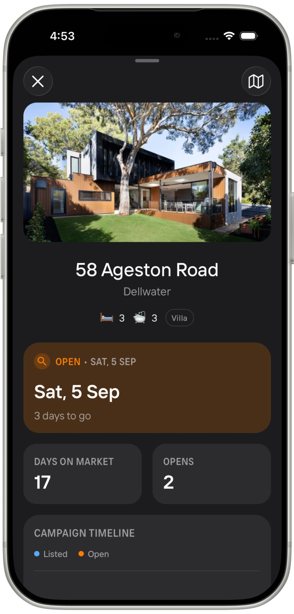 Property detail for 58 Ageston Road with open home, days on market and campaign timeline